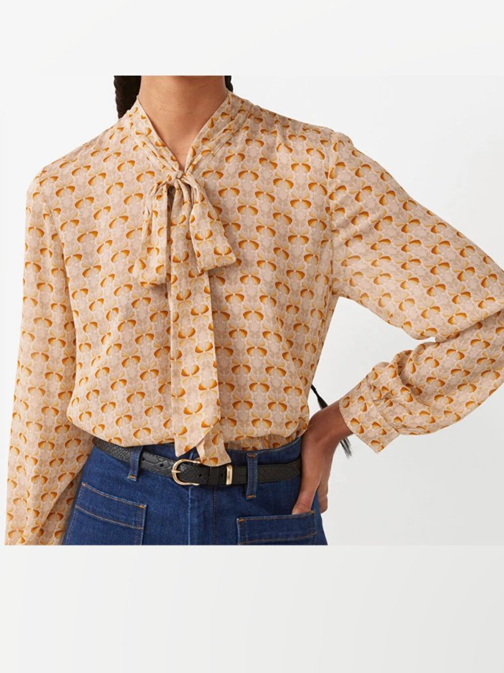& Other Stories Yellow and Cream Printed Tie-Neck Blouse, size 2